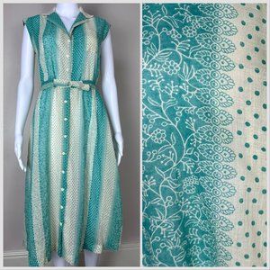 Vintage 1970s Jody T Green Lace Print Sleeveless Shirt Dress, Size S/M